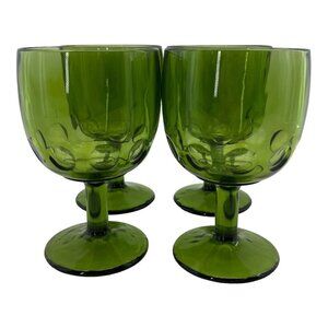 Set Of 4 Green Coin Dot Bartlett Collins Goblets Footed Thumbprint Pedestal Glas